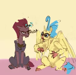 Size: 816x810 | Tagged: safe, artist:alumx, derpibooru import, princess skystar, tempest shadow, classical hippogriff, hippogriff, pony, unicorn, my little pony: the movie, broken horn, duo, female, horn, image, jpeg, magic, mare, sitting, sparkles