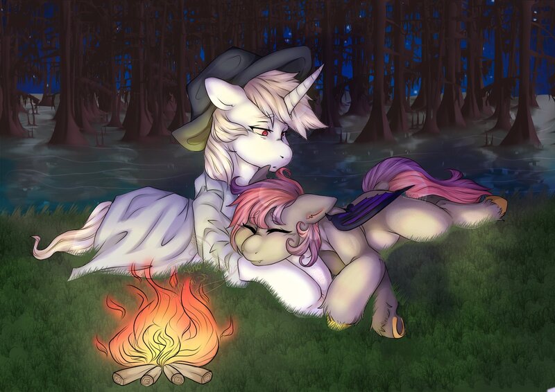 Size: 1754x1240 | Tagged: safe, artist:miphassl, derpibooru import, oc, bat pony, pony, unicorn, background, bat pony oc, bat wings, bonfire, commission, duo, fire, forest, forest background, image, jpeg, peace, sleeping, tired, tree, wings