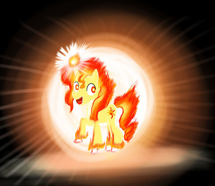 Size: 1280x1106 | Tagged: safe, artist:horsesplease, derpibooru import, sunset shimmer, catasterism, darkness, fiery shimmer, fire, glow, image, jpeg, mane of fire, night, paint tool sai, raised hoof, smiling, sun, sunshine shimmer