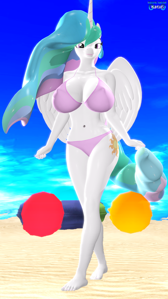 Size: 1080x1920 | Tagged: questionable, artist:daveman1000, derpibooru import, princess celestia, anthro, plantigrade anthro, 3d, beach, big breasts, bikini, breasts, busty princess celestia, clothes, commission, female, image, png, solo, solo female, source filmmaker, swimsuit, ych example, ych result, your character here