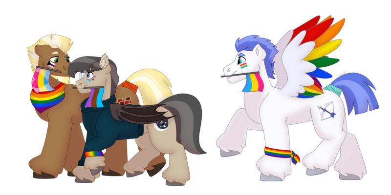 Size: 1280x640 | Tagged: safe, artist:itstechtock, derpibooru import, oc, oc:stoutheart, oc:swift wing, oc:waxing lyrical, unofficial characters only, bat pony, pegasus, pony, colored wings, image, male, mouth hold, multicolored wings, png, pride flag, rainbow wings, simple background, stallion, transparent background, wings