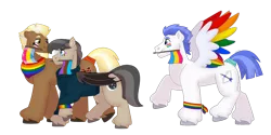 Size: 1280x640 | Tagged: safe, artist:itstechtock, derpibooru import, oc, oc:stoutheart, oc:swift wing, oc:waxing lyrical, unofficial characters only, bat pony, pegasus, pony, colored wings, image, male, mouth hold, multicolored wings, png, pride flag, rainbow wings, simple background, stallion, transparent background, wings