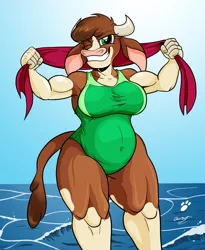 Size: 1591x1942 | Tagged: safe, artist:duragan, derpibooru import, arizona cow, anthro, cow, them's fightin' herds, beach, belly, breasts, busty arizona cow, chubby, clothes, community related, extra thicc, female, flirting, image, musclegut, muscles, muscular female, one eye closed, one-piece swimsuit, png, pose, swimsuit, thick, towel, wink