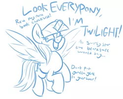 Size: 1877x1514 | Tagged: safe, artist:moonatik, derpibooru import, rainbow dash, pony, alternate hairstyle, cardboard, fake alicorn, female, gorilla glue, image, implied twilight sparkle, mare, mocking, monochrome, png, simple background, sketch, solo, toilet paper roll, toilet paper roll horn, white background