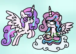 Size: 1037x729 | Tagged: safe, artist:somecoconut, derpibooru import, princess flurry heart, alicorn, pony, cloud, cross-popping veins, duality, eyelashes, female, flying, frown, horn, image, mare, older, older flurry heart, on a cloud, png, smiling, wings