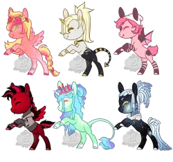 Size: 2350x2200 | Tagged: safe, artist:lavvythejackalope, derpibooru import, oc, unofficial characters only, bat pony, earth pony, pegasus, pony, unicorn, base used, bat pony oc, bat wings, bipedal, clothes, colored hooves, earth pony oc, eyes closed, horn, image, pegasus oc, png, rearing, smiling, two toned wings, unicorn oc, wings