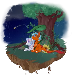 Size: 800x844 | Tagged: safe, artist:lavvythejackalope, derpibooru import, oc, unofficial characters only, pony, unicorn, commission, duo, floating island, flower, horn, image, looking up, lying down, night, outdoors, png, prone, shooting star, simple background, sitting, stars, tattoo, transparent background, tree, unicorn oc, ych result