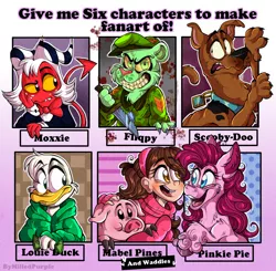 Size: 1398x1370 | Tagged: safe, artist:srtamilled, derpibooru import, pinkie pie, bird, dog, duck, earth pony, pig, pony, six fanarts, anthro with ponies, bust, collar, crossover, ducktales, ear fluff, female, flippy, gravity falls, happy tree friends, hat, helluva boss, image, insanity, knife, male, moxxie, png, scared, scooby doo