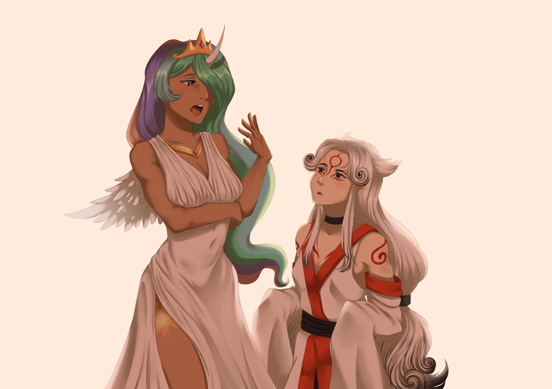 Size: 2048x1444 | Tagged: safe, artist:ghoasthead, derpibooru import, princess celestia, human, amaterasu, breasts, busty princess celestia, clothes, crossover, dress, duo, female, hair over one eye, height difference, horn, horned humanization, humanized, image, okami, png, side slit, simple background, white background, winged humanization, wings