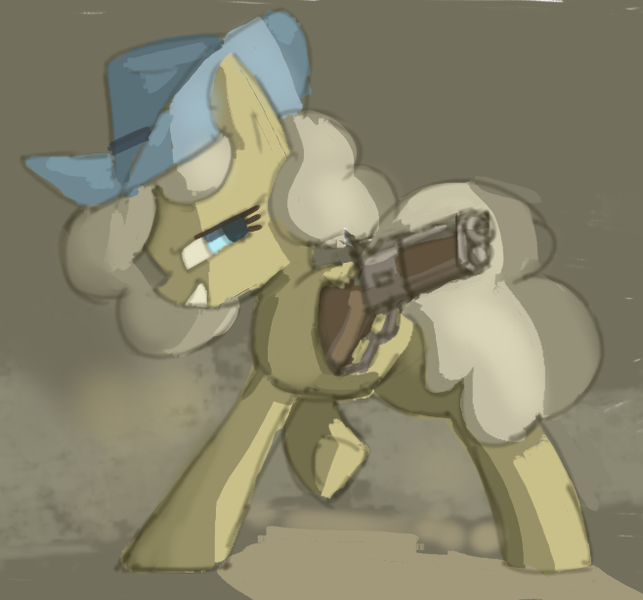 Size: 658x614 | Tagged: safe, artist:plunger, derpibooru import, oc, oc:the mare with no name, unofficial characters only, earth pony, pony, earth pony oc, female, gun, hat, image, png, side view, simple background, smiling, smirk, solo, weapon