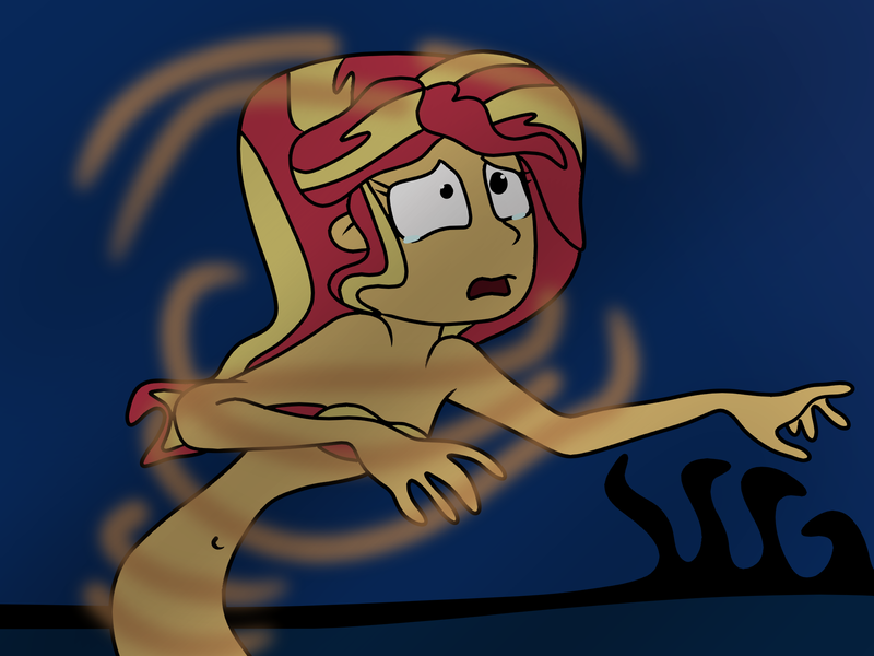 Size: 2000x1500 | Tagged: semi-grimdark, suggestive, artist:jadethepegasus, derpibooru import, sunset shimmer, mermaid, fanfic, fanfic:sunset shimmer discovers her feet, equestria girls, bra, clothes, crossover, crying, fanfic art, female, frown, image, mermaidized, open mouth, png, sad, seashell bra, solo, solo female, species swap, the little mermaid, transformation, underwear