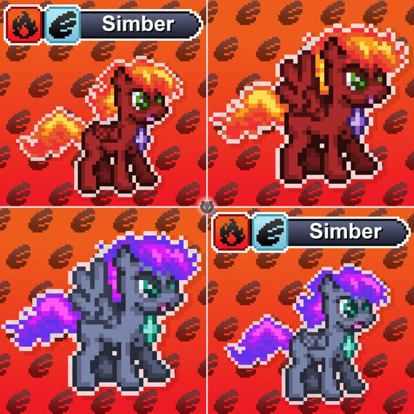 Size: 1280x1280 | Tagged: safe, artist:tony yotes, artist:yotes games, derpibooru import, oc, oc:simber, fire pony, pegasus, pony, ponyta, rapidash, battle gem ponies, collage, firefox, image, jpeg, mane of fire, pixel art, pokémon, ponymon, purple fire, solo