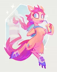 Size: 1080x1350 | Tagged: safe, artist:adreamera, derpibooru import, sunny starscout, earth pony, pony, semi-anthro, backpack, bipedal, chest fluff, drink, drinking, female, g5, image, jpeg, leg fluff, roller skates, smoothie, solo, straw