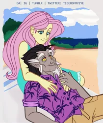 Size: 1613x1924 | Tagged: safe, artist:tiger-of-my-eye, derpibooru import, discord, fluttershy, equestria girls, adult, age difference, beach, discoshy, female, image, jpeg, male, shipping, straight, teenager