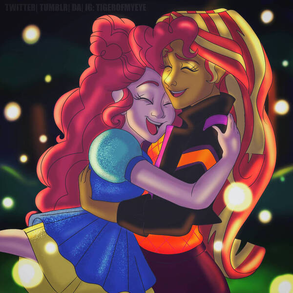 Size: 894x894 | Tagged: safe, artist:tiger-of-my-eye, derpibooru import, pinkie pie, sunset shimmer, equestria girls, equestria girls series, sunset's backstage pass!, spoiler:eqg series (season 2), female, image, jpeg, lesbian, music festival outfit, shipping, sunsetpie