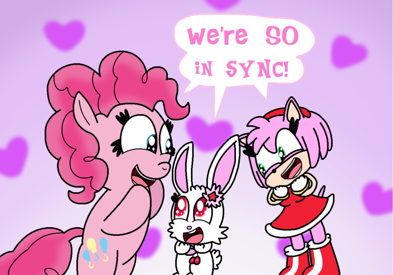 Size: 1276x891 | Tagged: safe, artist:harmonybunny2021, derpibooru import, pinkie pie, earth pony, hedgehog, pony, rabbit, amy rose, animal, crossover, female, gradient background, heart, image, jewelpet, looking at each other, mare, png, ruby (jewelpet), sonic the hedgehog (series), sparkly eyes, wingding eyes