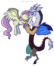 Size: 809x988 | Tagged: safe, artist:tiger-of-my-eye, derpibooru import, discord, fluttershy, draconequus, pegasus, pony, discoshy, female, image, kissing, male, png, shipping, simple background, straight, transparent background