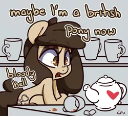 Size: 1500x1361 | Tagged: safe, artist:lou, derpibooru import, oc, oc:louvely, unofficial characters only, earth pony, pony, cup, dialogue, food, image, png, tea, teacup, teapot, wide eyes