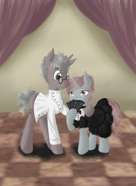 Size: 1100x1500 | Tagged: safe, artist:mingle, derpibooru import, oc, oc:ordalia, pony, clothes, coat, curtain, duo, fan, female, husband and wife, image, jpeg, male, mare, married, stallion, straight