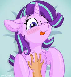 Size: 4000x4348 | Tagged: safe, alternate version, artist:d3f4ult_4rt1st, derpibooru import, starlight glimmer, human, pony, unicorn, absurd resolution, alternate character, blushing, chest fluff, cute, ear fluff, floppy ears, glimmerbetes, hand, human on pony petting, image, lying down, on back, one eye closed, petting, png, solo, tongue out