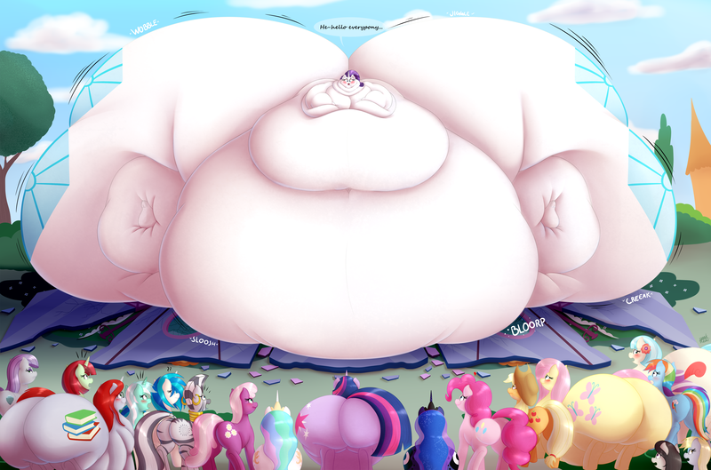 Size: 5000x3307 | Tagged: questionable, artist:09hankris, derpibooru import, applejack, cheerilee, coco pommel, derpy hooves, fluttershy, lyra heartstrings, maud pie, octavia melody, pinkie pie, princess celestia, princess luna, rainbow dash, rarity, twilight sparkle, vinyl scratch, zecora, oc, oc:lynette, oc:tiffany tourmaline, alicorn, earth pony, pegasus, pony, unicorn, zebra, applebutt, balloonbutt, belly, big belly, bingo wings, blushing, bottom heavy, butt, carousel boutique, chubby, chubby cheeks, coco pudge, destruction, dialogue, double chin, fat, fattershy, female, flabby chest, flutterbutt, hatbutt, huge belly, huge butt, hyper, hyper butt, image, immobile, implied butt expansion, implied weight gain, impossibly large belly, impossibly large butt, large butt, mane six, mare, morbidly obese, neck roll, obese, open mouth, png, property damage, raritubby, rearity, stomach noise, sweat, sweatdrops, the ass was fat, twibutt, twilard sparkle