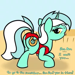 Size: 2000x2000 | Tagged: suggestive, artist:dafiltafish, derpibooru import, lyra heartstrings, pony, unicorn, comic:day by day, ass up, beach, bikini, bon bon's pov, clothes, dialogue, image, implied bon bon, misspelling, png, solo, swimsuit, text, tongue out