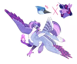 Size: 2900x2400 | Tagged: safe, artist:uunicornicc, derpibooru import, twilight sparkle, twilight sparkle (alicorn), oc, oc:boeing 737, alicorn, bird, blue jay, hippogriff, hybrid, pony, crack ship offspring, crack shipping, crossover, crossover shipping, eyes closed, female, glasses, heart, hippogriff oc, image, interspecies offspring, male, markings, mordecai, mordetwi, offspring, open mouth, parent:mordecai, parent:twilight sparkle, parents:mordetwi, png, regular show, shipping, simple background, straight, white background