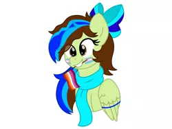 Size: 2160x1620 | Tagged: safe, artist:froyo15sugarblast, derpibooru import, oc, oc:epsi, pegasus, pony, bow, clothes, face paint, female, halfbody, image, lesbian, looking at you, multicolored hair, png, pride, pride flag, procreate app, requested art, scarf, simple background, smiling, solo, trans female, transgender, transgender pride flag, white background