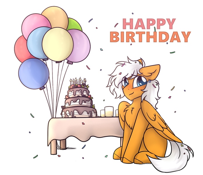 Size: 1978x1704 | Tagged: safe, artist:mariashek, derpibooru import, oc, oc:breezy brown, pegasus, balloon, birthday, birthday cake, birthday gift, blue eyes, brown fur, cake, confetti, cute, drink, fluffy, food, gift art, image, jpeg, pegasus oc, simple background, table, text, white background, white hair, white mane, wings