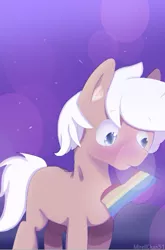 Size: 395x597 | Tagged: safe, artist:mireil31, derpibooru import, oc, oc:breezy brown, blue eyes, blushing, brown fur, image, jpeg, lgbt flag, looking away, lowres, pride flag, rainbow flag, shy, simple background, white hair, white mane