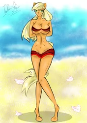Size: 1000x1416 | Tagged: suggestive, alternate version, artist:thedansingpig, derpibooru import, applejack, anthro, earth pony, unguligrade anthro, arm behind back, beach, bikini, breasts, cleavage, clothes, female, image, jpeg, outdoors, signature, solo, solo female, striptease, swimsuit