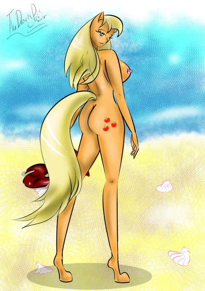 Size: 1000x1416 | Tagged: questionable, alternate version, artist:thedansingpig, derpibooru import, applejack, anthro, earth pony, unguligrade anthro, areola, beach, big breasts, bikini, breasts, clothes, female, image, jpeg, nipples, nudity, outdoors, signature, solo, solo female, striptease, swimsuit