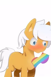 Size: 395x596 | Tagged: safe, alternate version, artist:mireil31, derpibooru import, oc, oc:breezy brown, blue eyes, blushing, brown fur, image, jpeg, lgbt flag, looking away, lowres, pride flag, rainbow flag, shy, simple background, white background, white hair, white mane