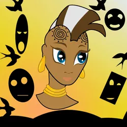 Size: 1919x1919 | Tagged: safe, artist:sarastudly, derpibooru import, zecora, human, abstract background, bust, dark skin, ear piercing, earring, female, humanized, image, jewelry, jpeg, neck rings, piercing, smiling, solo, tattoo