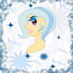 Size: 1920x1920 | Tagged: safe, artist:sarastudly, derpibooru import, trixie, human, abstract background, alternative cutie mark placement, bedroom eyes, bust, humanized, image, jpeg, smiling, solo