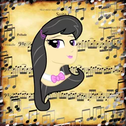 Size: 1440x1440 | Tagged: safe, artist:sarastudly, derpibooru import, octavia melody, human, abstract background, bowtie, bust, eyelashes, humanized, image, jpeg, lipstick, music notes, smiling, solo