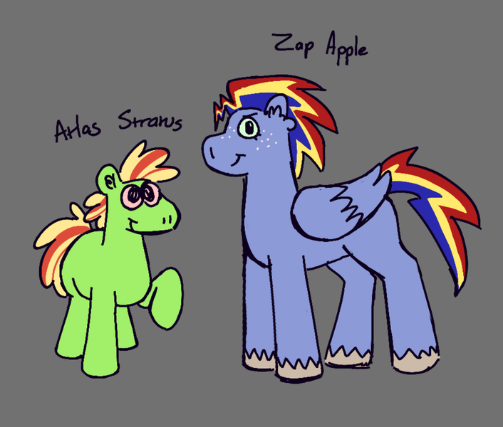 Size: 1149x976 | Tagged: safe, artist:tezzart, derpibooru import, oc, oc:atlas stratus, oc:zap apple, unofficial characters only, earth pony, pegasus, pony, brother and sister, colt, duo, female, filly, freckles, gray background, image, magical lesbian spawn, male, offspring, parent:applejack, parent:rainbow dash, parents:appledash, png, siblings, simple background