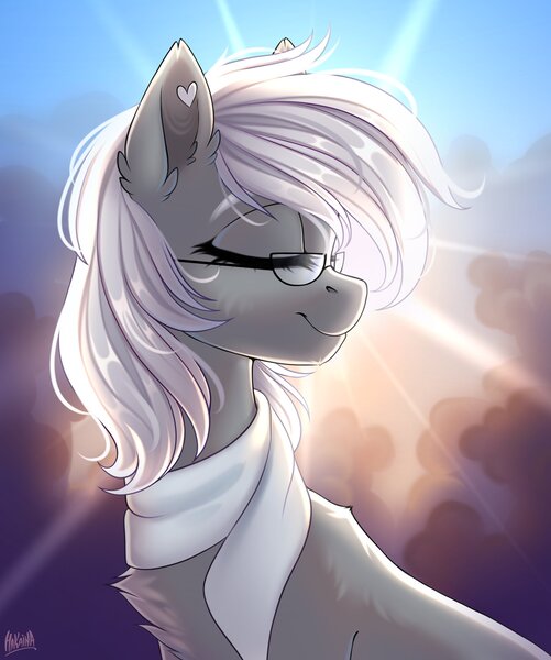 Size: 2920x3500 | Tagged: safe, artist:hakaina, derpibooru import, oc, oc:chelley, unofficial characters only, pony, clothes, female, glasses, image, jpeg, mare, scarf, signature, solo