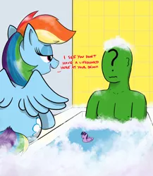 Size: 2480x2858 | Tagged: safe, artist:eel's stuff, derpibooru import, rainbow dash, twilight sparkle, oc, oc:anon, human, pegasus, pony, bath, bathtub, bubble bath, female, i'm not at the beach this is a bathtub, image, male, mare, meme, png, rubber duck