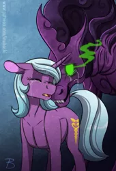 Size: 819x1201 | Tagged: safe, artist:inuhoshi-to-darkpen, derpibooru import, idw, king sombra, radiant hope, pony, umbrum, unicorn, alternate universe, crying, eyes closed, floppy ears, glowing eyes, image, open mouth, png, species swap