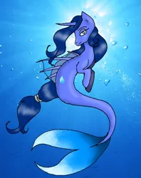 Size: 2180x2752 | Tagged: safe, artist:fensy, derpibooru import, oc, unofficial characters only, hybrid, merpony, pony, seapony (g4), unicorn, blue mane, bubble, crepuscular rays, dorsal fin, fish tail, flowing mane, horn, image, jpeg, looking at you, ocean, seaponified, smiling, solo, species swap, sunlight, swimming, tail, underwater, water