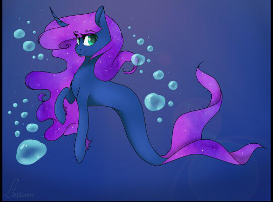 Size: 540x399 | Tagged: safe, artist:calla--lily, derpibooru import, oc, unofficial characters only, merpony, pony, seapony (g4), unicorn, blue background, bubble, fins, fish tail, flowing mane, flowing tail, green eyes, horn, image, jpeg, looking at you, ocean, purple mane, seaponified, signature, simple background, solo, species swap, tail, underwater, water