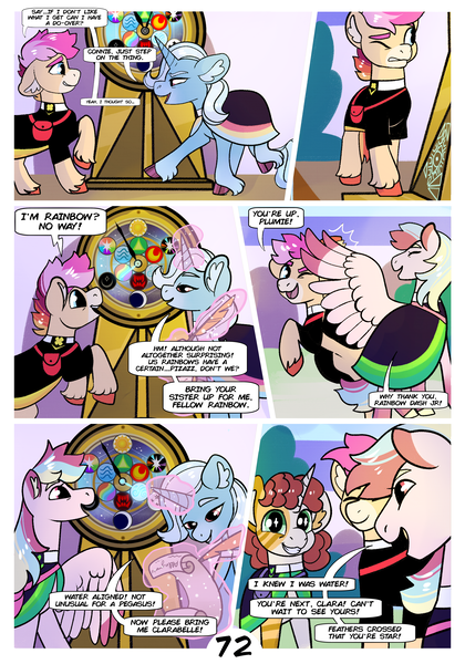 Size: 2100x3000 | Tagged: safe, artist:loryska, derpibooru import, trixie, oc, oc:clarabelle, oc:conundrum solar flare, oc:plumeria, earth pony, hybrid, pegasus, pony, zony, comic:friendship grows, image, offspring, parent:quibble pants, parent:rainbow dash, parents:quibbledash, png, roulette