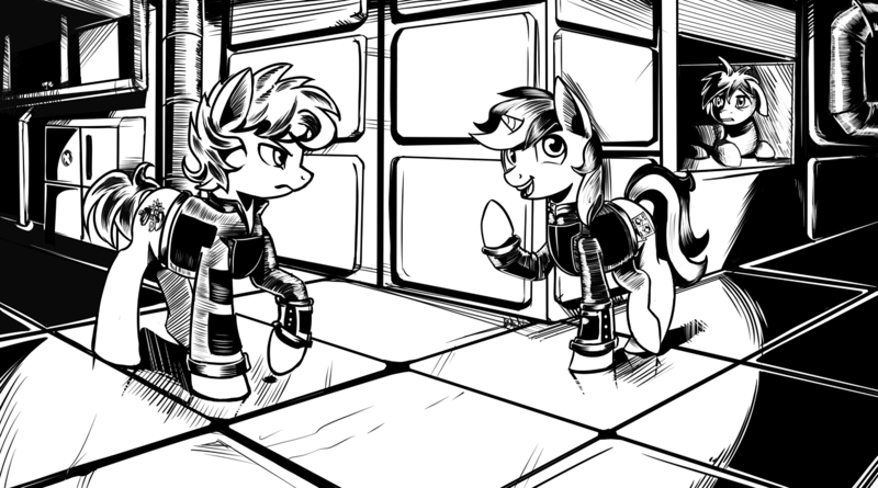 Size: 4252x2364 | Tagged: safe, artist:lexx2dot0, derpibooru import, oc, oc:blackjack, earth pony, pony, unicorn, fallout equestria, fallout equestria: project horizons, black and white, book, comic, fanfic art, grayscale, horn, image, monochrome, png, small horn