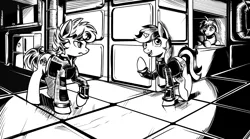 Size: 4252x2364 | Tagged: safe, artist:lexx2dot0, derpibooru import, oc, oc:blackjack, earth pony, pony, unicorn, fallout equestria, fallout equestria: project horizons, black and white, book, comic, fanfic art, grayscale, horn, image, monochrome, png, small horn