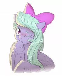 Size: 1075x1316 | Tagged: safe, artist:ghoasthead, derpibooru import, flitter, pegasus, pony, blushing, bust, cute, female, flitterbetes, image, jpeg, looking at you, mare, one eye closed, simple background, solo, white background, wink