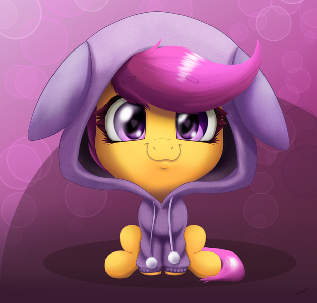 Size: 3122x2984 | Tagged: safe, artist:salemcat, derpibooru import, scootaloo, pegasus, pony, clothes, cute, cutealoo, floppy ears, hoodie, image, png, solo