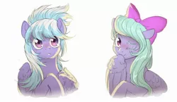 Size: 2576x1496 | Tagged: safe, artist:ghoasthead, derpibooru import, cloudchaser, flitter, pegasus, pony, blushing, bust, cute, cutechaser, female, flitterbetes, image, jpeg, looking at you, mare, one eye closed, simple background, white background, wink