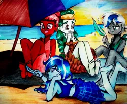 Size: 3432x2817 | Tagged: safe, artist:liaaqila, derpibooru import, oc, oc:balmoral, oc:elizabat stormfeather, oc:olivia leaf, oc:venus red heart, unofficial characters only, equestria girls, barefoot, beach, beach umbrella, bedroom eyes, bikini, bikini bottom, bikini top, bracelet, clothes, commission, dress, ear piercing, earring, equestria girls-ified, feather, feet, female, fetish, foot fetish, glasses, grin, headband, image, jewelry, jpeg, kilt, laughing, lying down, open mouth, piercing, prone, smiling, smirk, soles, sunset, swimsuit, the pose, tickle torture, tickling, traditional art, umbrella, water