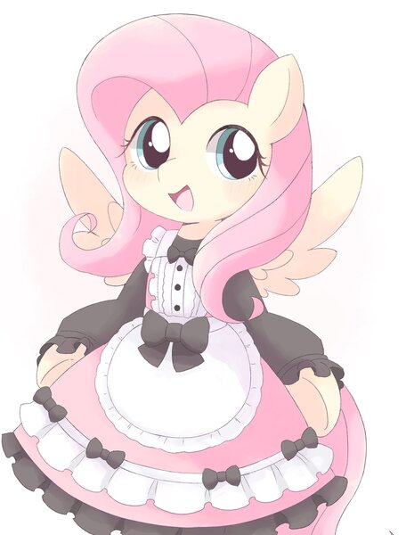 Size: 1240x1631 | Tagged: safe, artist:arrow__root, derpibooru import, fluttershy, pegasus, pony, blushing, clothes, cute, female, happy, image, jpeg, maid, mare, open mouth, shyabetes, simple background, solo, white background